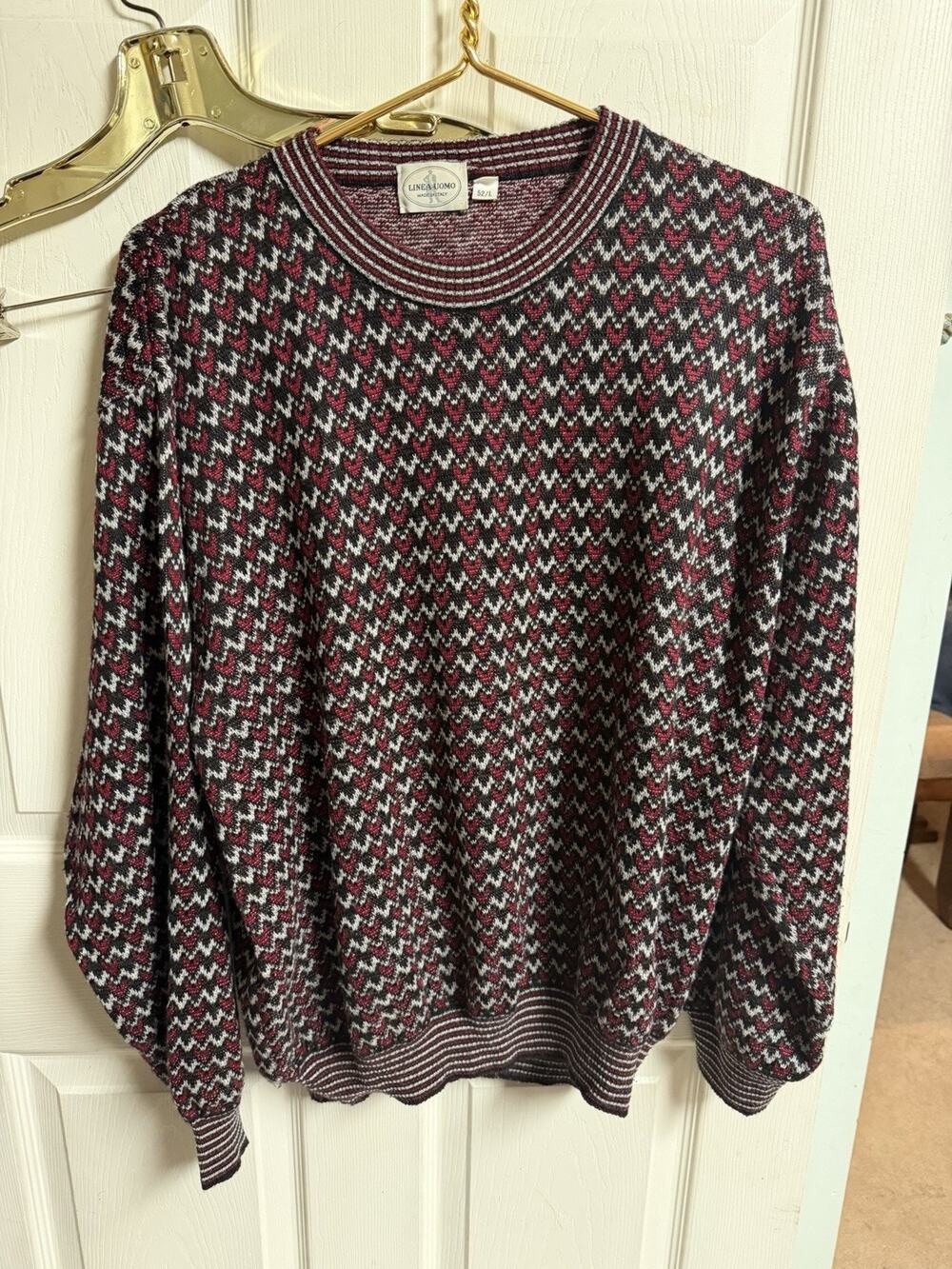 Linea Uomo Mens Zig Zag Crew Neck Sweater Black Red Italy Sz L/XL 50w Vnt Y2k